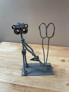 Handmade Metal Golfer Sculpture Nut Bolt Art Golf Desk Card Holder
